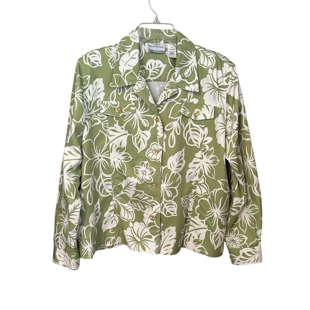 Alfred Dunner Petite 18P Olive White Floral Blouse Jacket Hawaii Travel Cruise